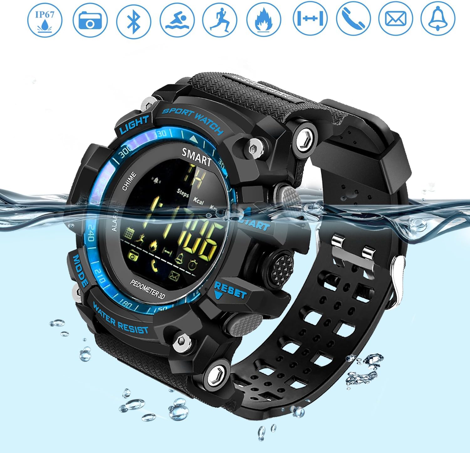 Sports Watch Smart Watch Bluetooth Pedometer Fitness Tracker Wearable Technology IP67 Waterproof Remote Camera Running Equipment for Android & IOS Smartphones Best Choice for Men & Boys Blue