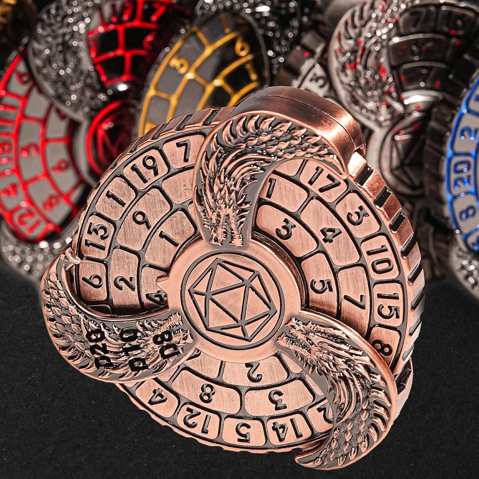 DND Dice Spinner Roulette 7-in-1 D&D Cool Rotating Metal Dungeons and Dragons Starter Set with Gift Box Spinning Games Dice Set for RPG MTG Table Games (Copper)