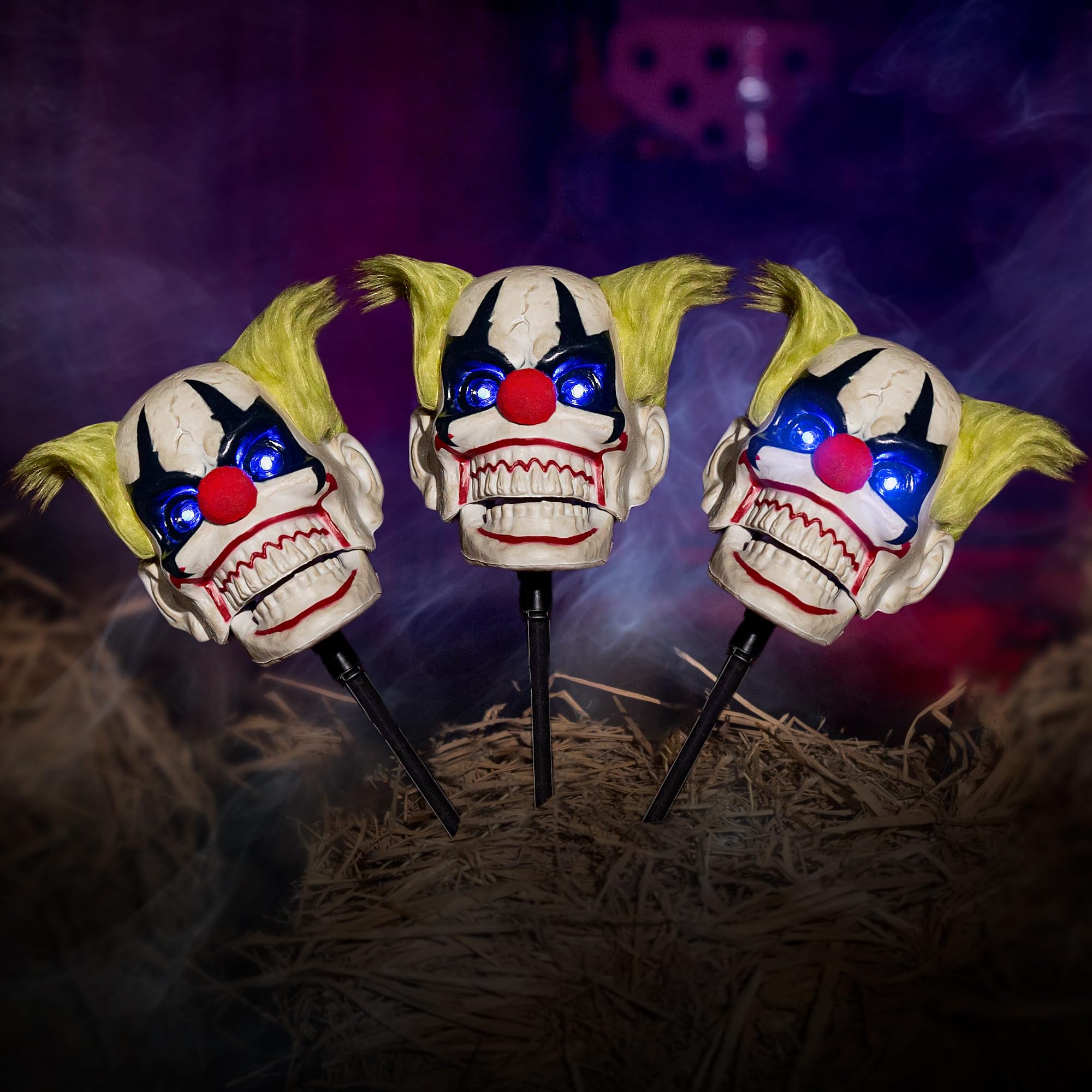Photo 1 of Halloween Animatronic Clown Decorations – 3 Pack Talking LED Pathway Markers with Moving Mouth & Light Up Eyes – Outdoor Scary Yard Stakes for Halloween Party, Haunted House, Lawn Decor, Horror Prop
