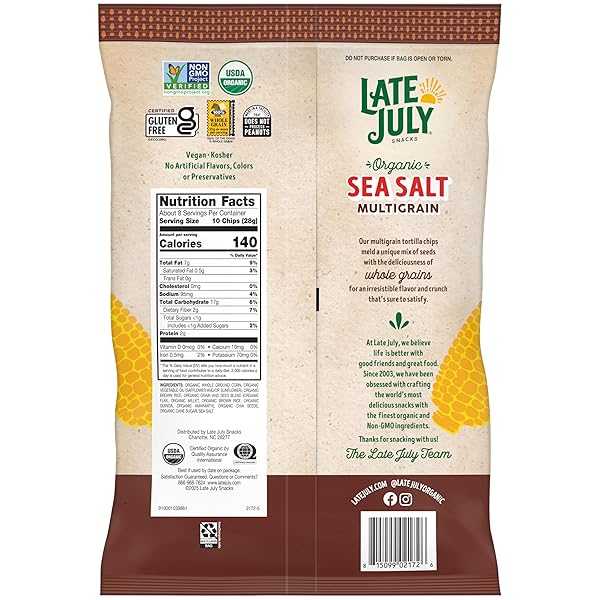 LATE JULY ORGANIC SEA SALT MULTIGRAIN TORTILLA CHIPS, 7.5 OUNCE