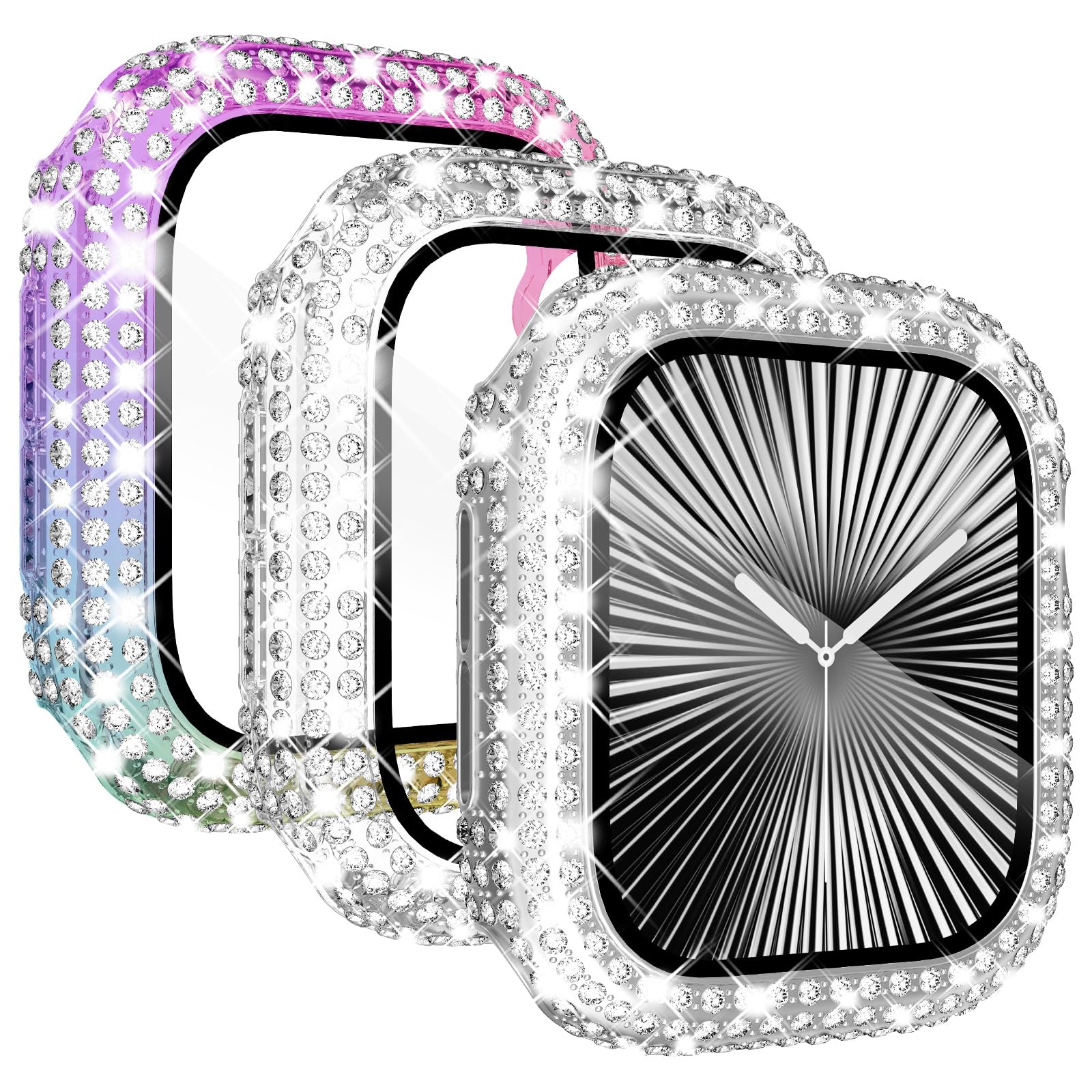 KADES 3Pack watch case Compatible with Apple Watch Screen Protector 40mm,Women Crystal Diamond Tempered Glass Protective Case for iWatch SE 3 2 1/Series 6 5 4, Silver/Iridescent/Clear