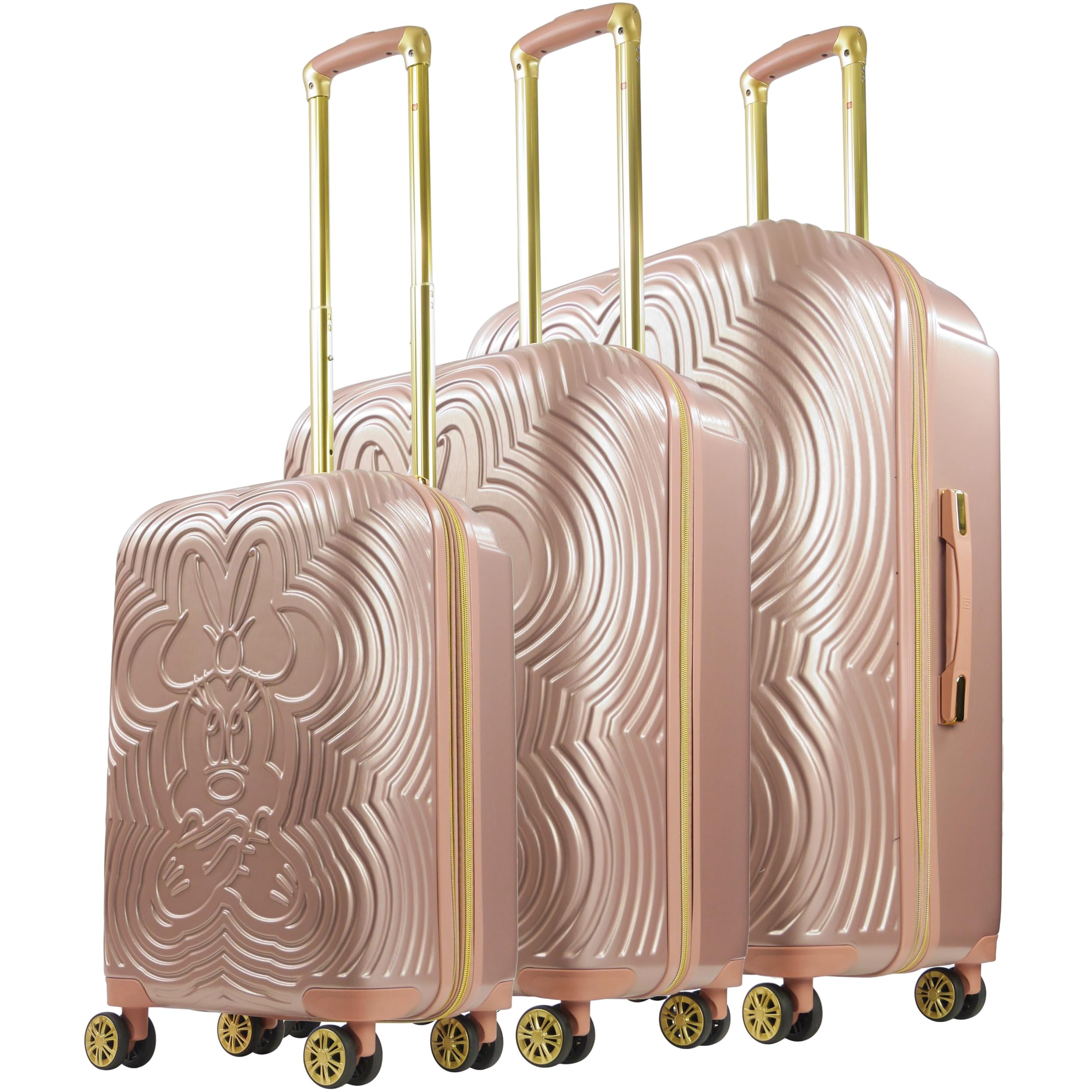 FUL Disney Minnie Mouse 3 Piece Rolling Luggage Set, Molded Hardshell Suitcase with Wheels, 21, 25 and 29 Inch, Rose Gold
