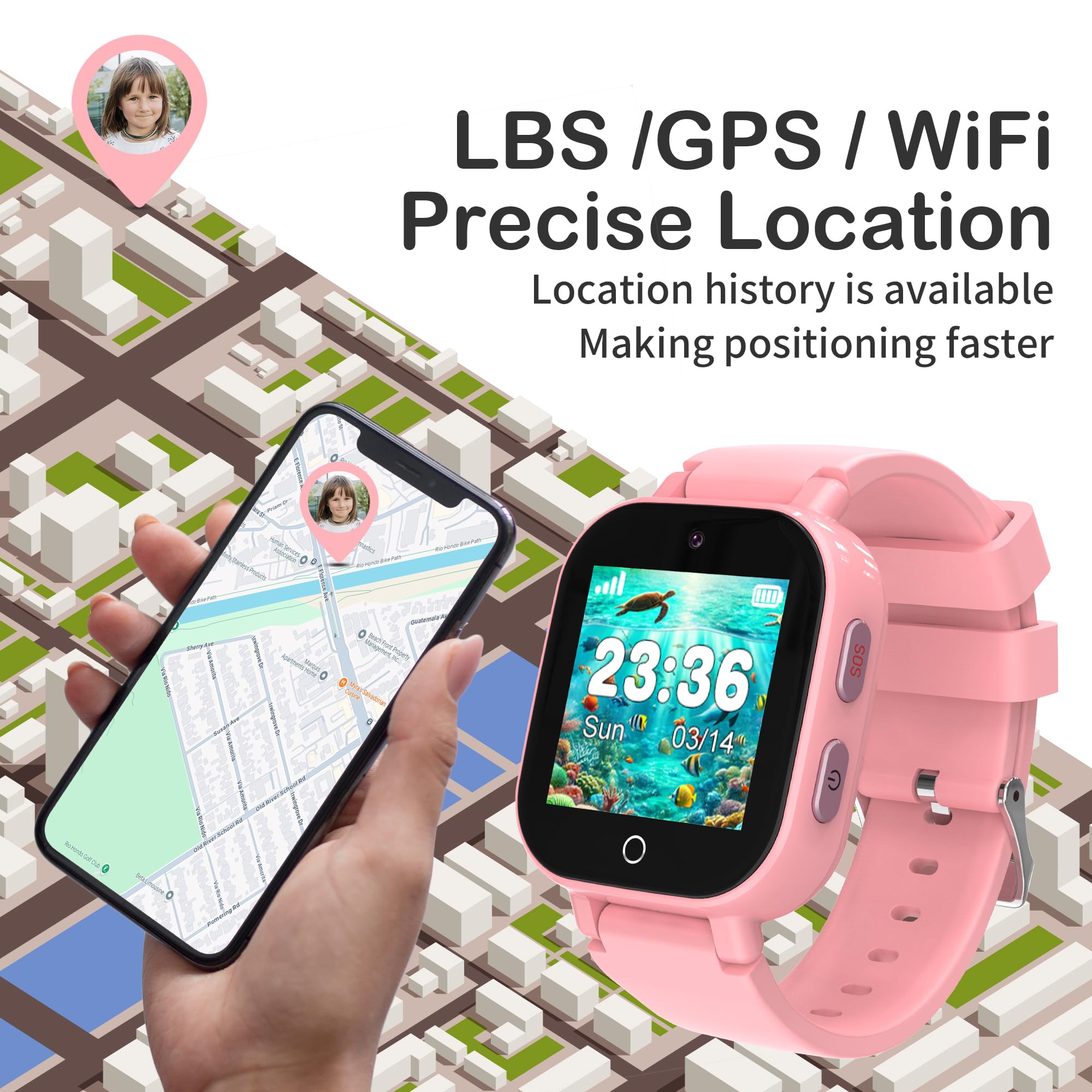 4G Kids Smart Watches Girls with GPS Tracker & Video Calling Texting, Kids Cell Phone Watch Age 4-12, Waterproof One-Key SOS Call Voice Chat Camera Alarm Pedometer GPS Tracker Watch for Kids Gift