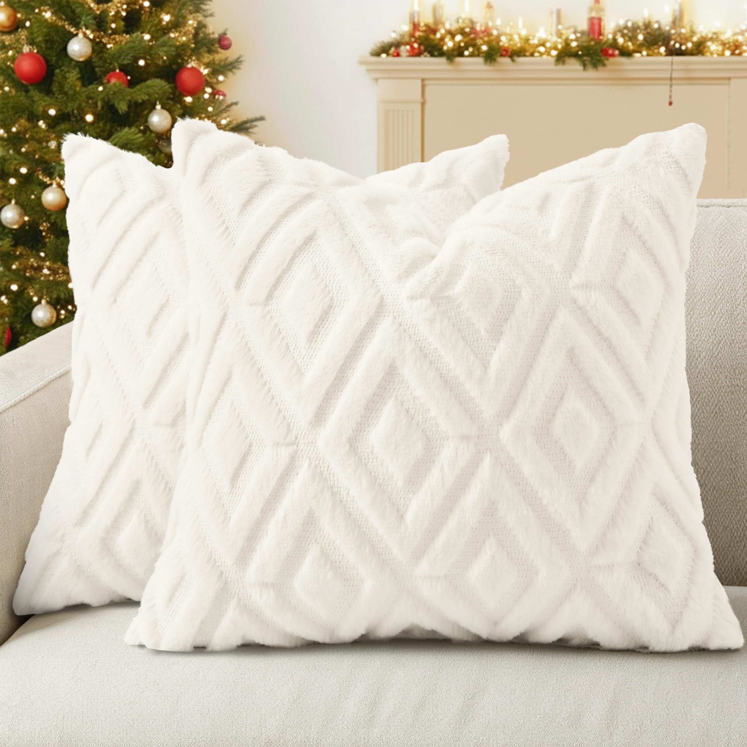 Photo 1 of ***PARTIAL SET, ONLY ONE- PRICE ADJUSTED*** decorUhome Christmas Couch Throw Pillow Covers 18x18 Set of 2, Decorative Soft Plush Faux Wool Neutral Accent Pillow Covers for Bed Sofa Living Room, Cream White