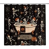 Romart Halloween Shower Curtain Skeleton Bath Party 71 x 71 Inch | Includes 12 plastic hooks, 100D polyester curtain, Skeleton bathtub party, Halloween bathroom decor