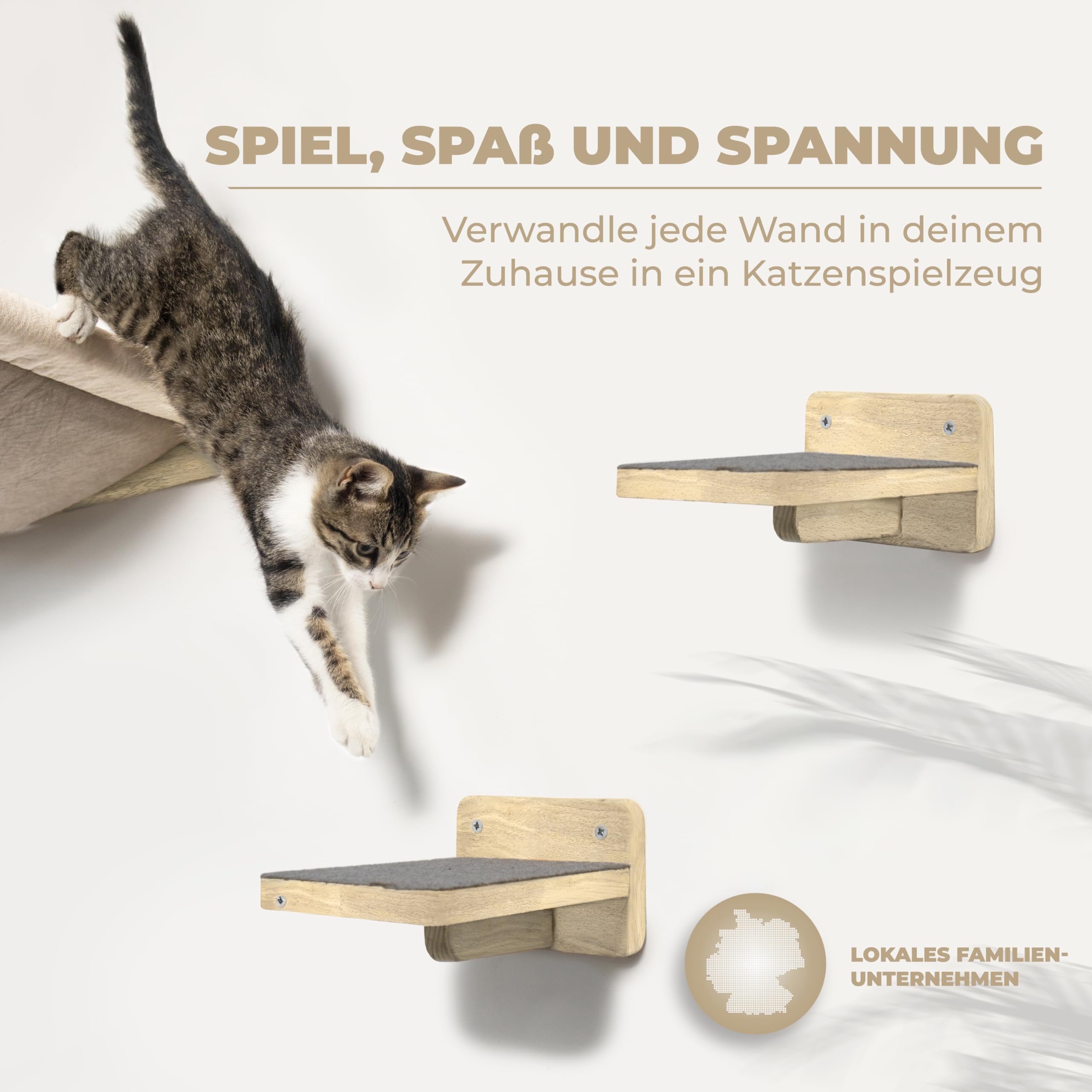 WOOWOOD® Kletterwand Katzen Hängematte inkl. 2X Katzentreppe Wand [Vollholz] - Kratzbaum Wand - Hängematte Katze - Wandkratzbaum - Katzenmöbel - Katzenwand - Katzen Kletterwand Set 5