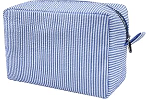 GFU Makeup Bag for Women, Cute Cosmetic Bag, Lightweight Toiletry Make up Bag, Large Seersucker Aesthetic Organizer Storage Pouch for Girls, Women and Moms Gifts, Blue