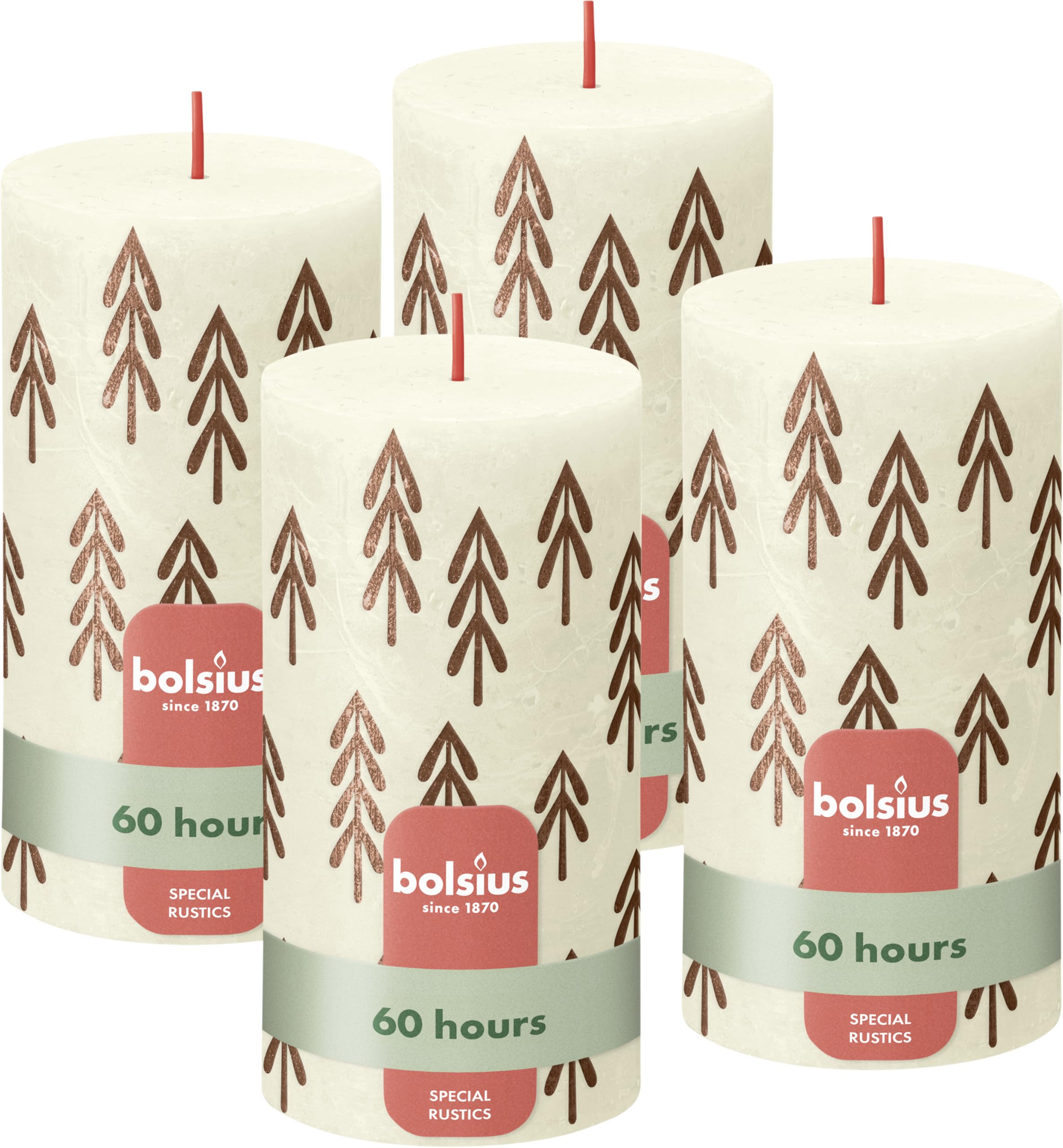 Bolsius Rustic Pillar Candles Silhouette - Ivory with Print - Pack of 4-13 x 7 cm - Long Burning Time 60 hours - Household Candle - Includes Natural Vegan Wax - Without Palm Oil