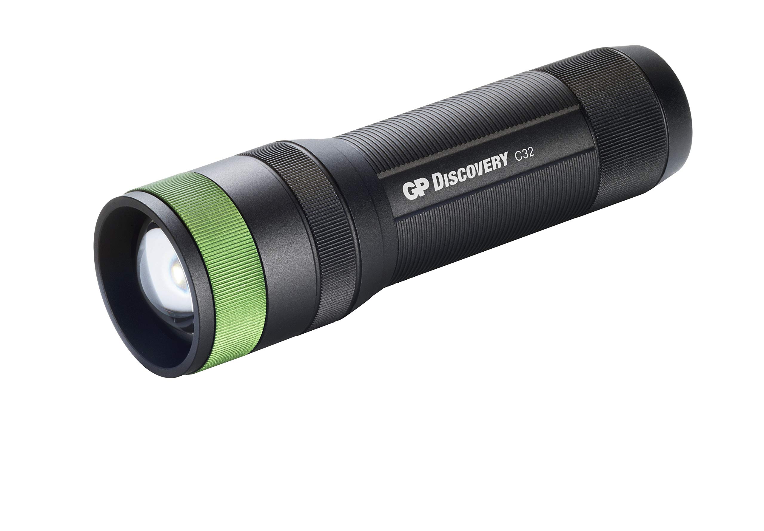 GP LED Flashlight Adjustable Focus Super Bright 300 Lumens Pocket Torch Zoomable Waterproof Camping Outdoor Torch with SOS Function - Black, Aluminium, 3 AAA Batteries Included