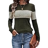 FAOUEOW Women's Lightweight Sweater Color Block Striped Long Sleeve Pullover Sweaters Crew Neck Slim Trendy Tops