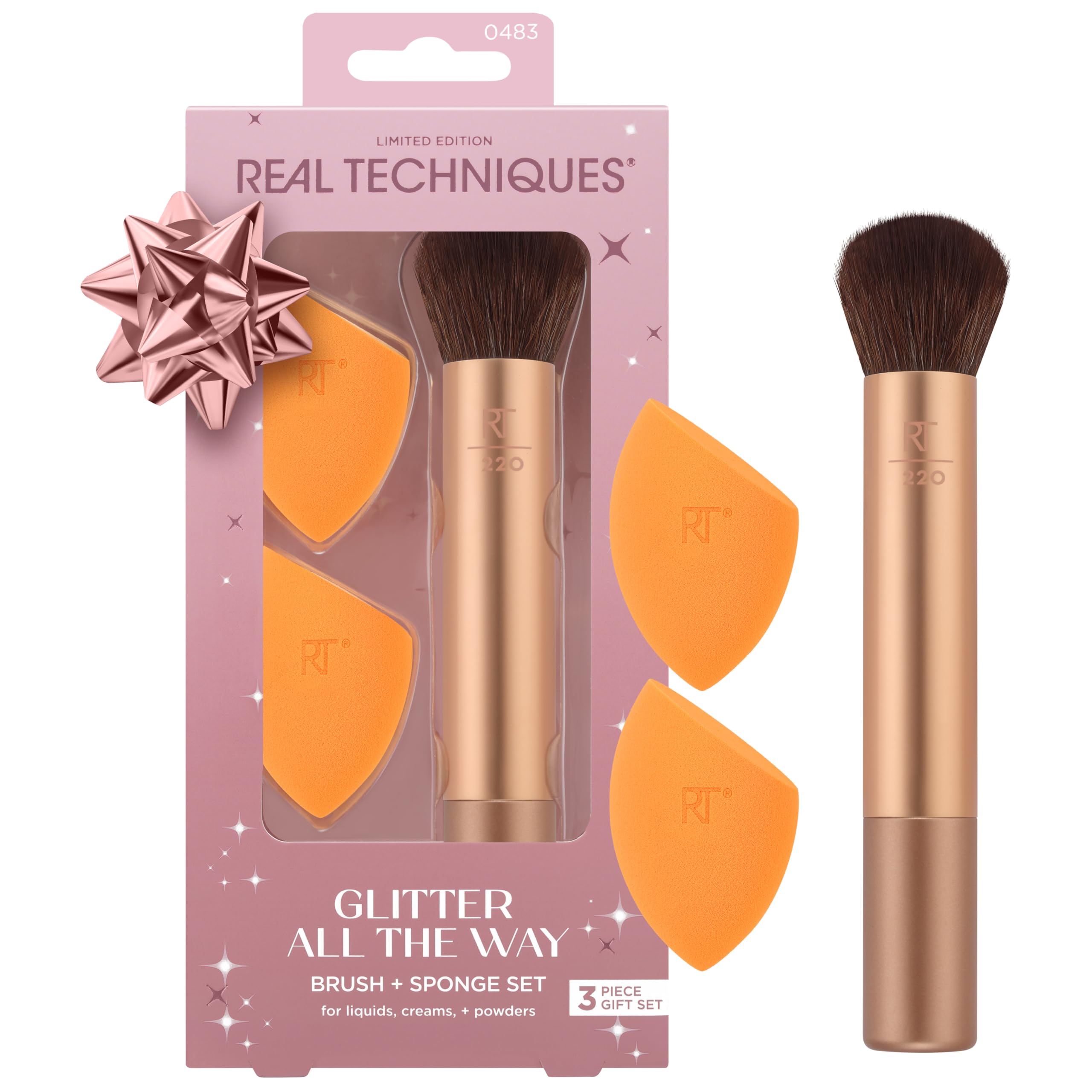 Real Techniques Glitter All The Way Brush + Sponge Kit, 3 Piece Limited Edition Gift Set