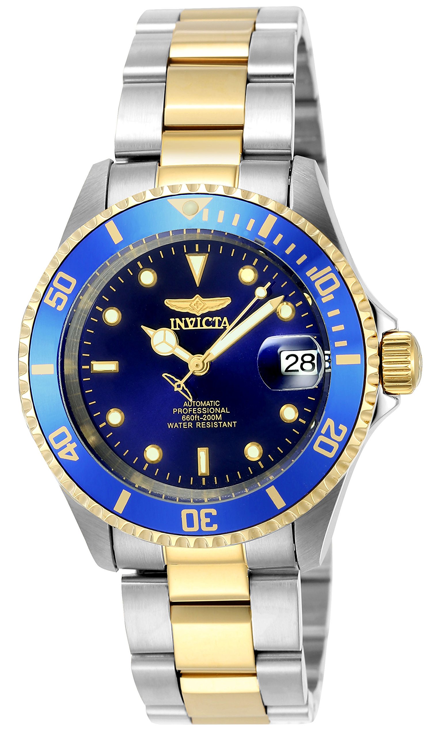 Reloj automático Invicta Pro Diver de 40 mm de acero y acero inoxidable en tono dorado con bisel con borde de moneda, dos tonos/azul (Modelo: 8928OB)