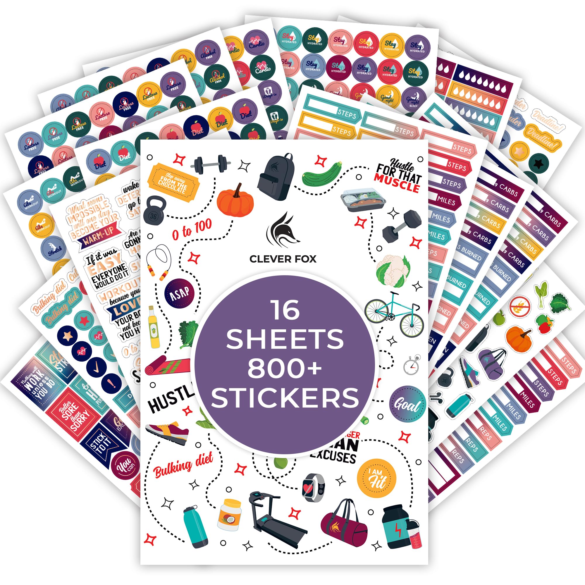 Clever Fox Planner Fitness Sticker Set - Monthly, Weekly & Daily Planner Stickers 16 Sheets Set of 841+ Unique Stickers (Fitness & Nutrition)