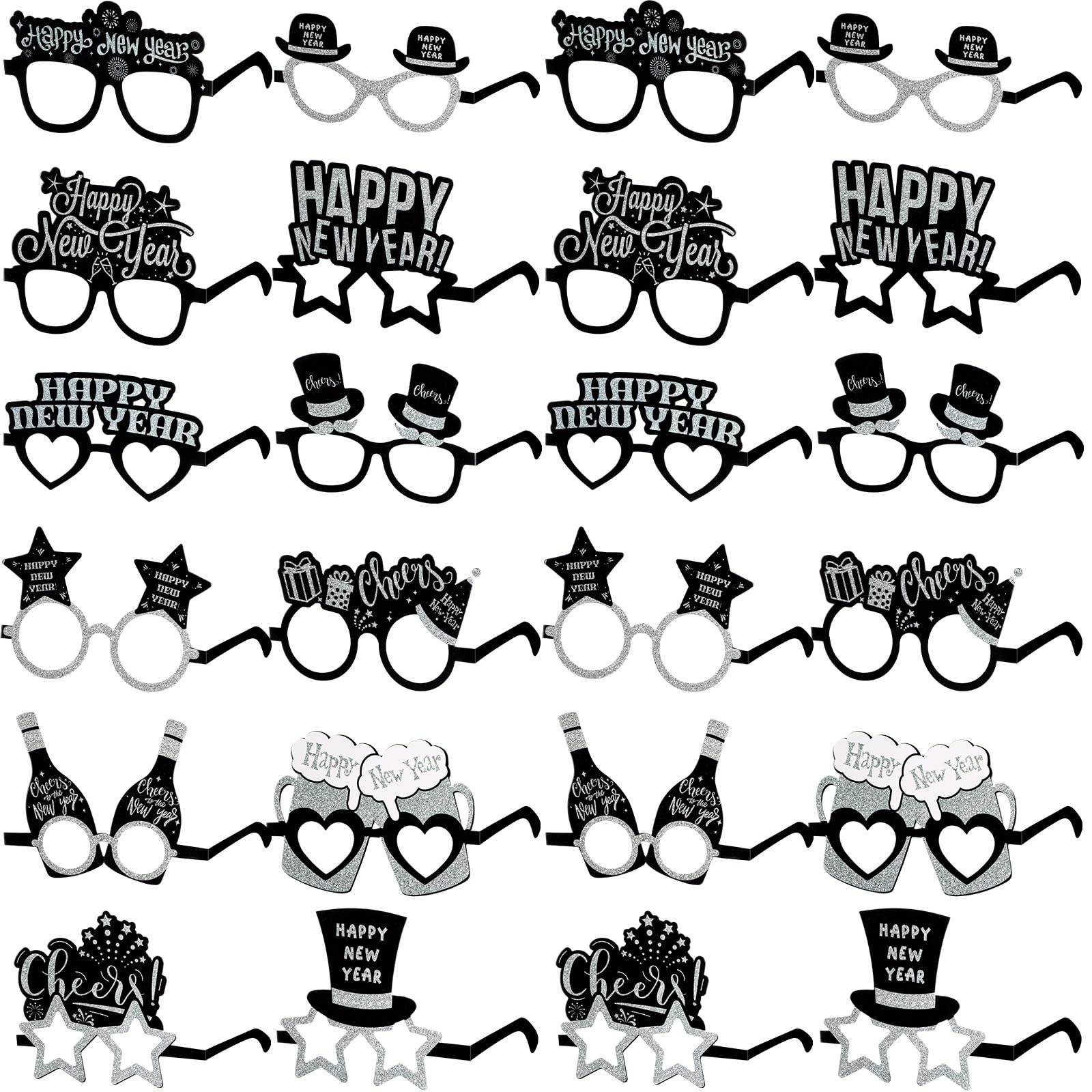 Suilung 24 Pack Happy New Year Glasses 2026 New Years Eve Party Supplies Fancy Paper Eyeglasses Eyewear Photo Props Newyear Decorations 2026 Newyear's Eve Favors