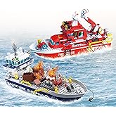 City Floating Boats Building Set, Police Boat and Fire Rescue Boat, Compatible with Lego Ship City STEM Building Toys, Ideal Gift for Kids Boys Girls 6 7 8 9 10 11 12