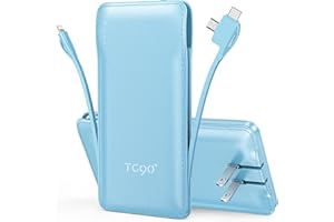 TG90° 10000mAh Power Bank with Built-in AC Wall Plug and Cables, Ultra Slim Phone External Battery Pack Portable Charger Compatible with iPhone and Android Devices