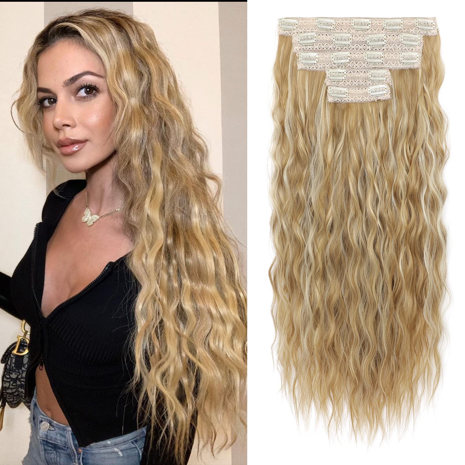 Clip in Hair Extensions, REECHO 5PCS Brown Hair Extensions 24" Thick Long Loose Waves hair extensions HE002 Invisible Lace Weft Natural Soft Hairpieces for Women ¨C Dark Blonde with Highlights