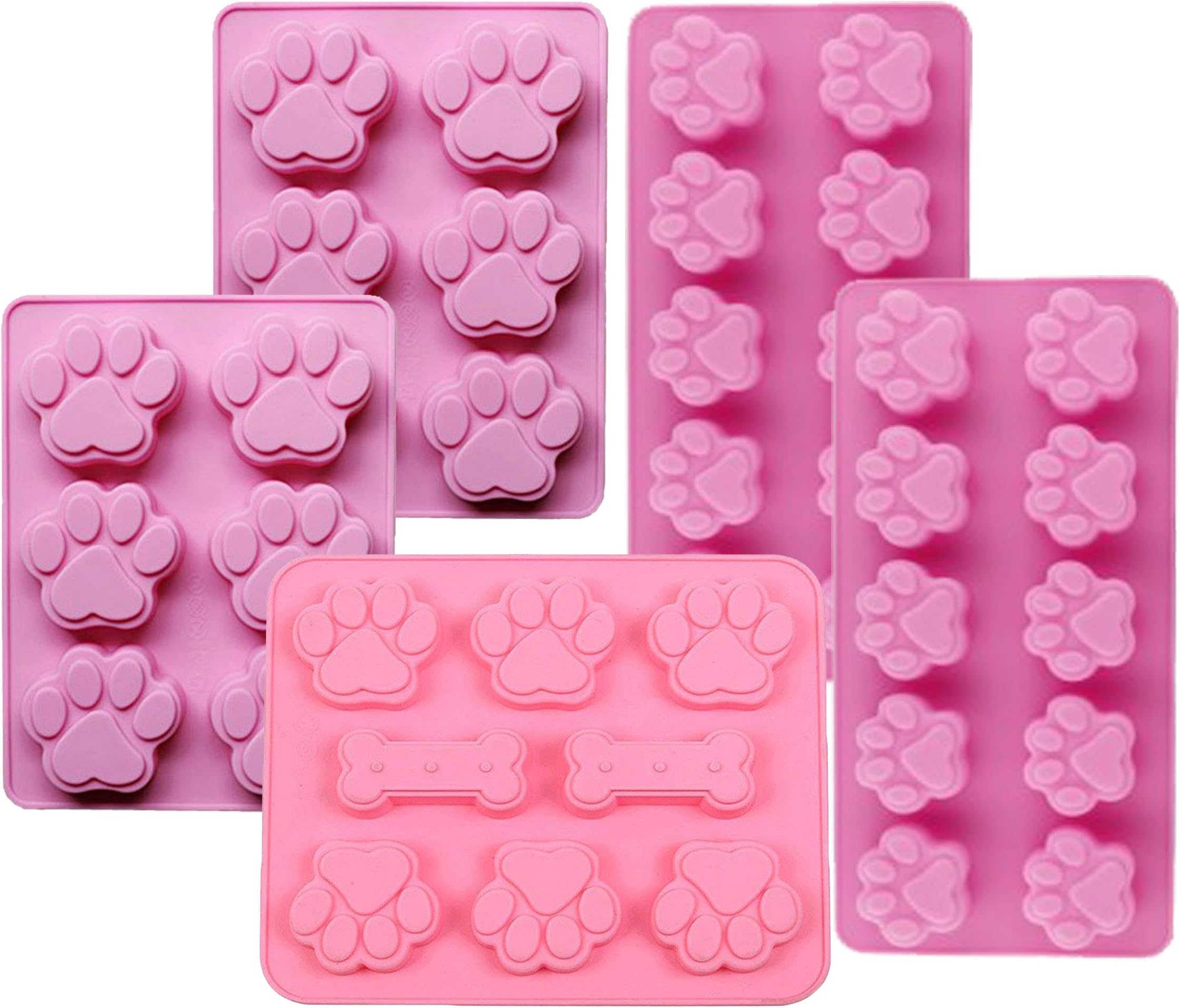 Dog Paw Bone Silicone Molds Trays Animal Paw Print with Bones for Homemade Dog Treats, Baking Chocolate Candy, Oven Microwave Freezer Safe (Pink Paw (Pack of 5))