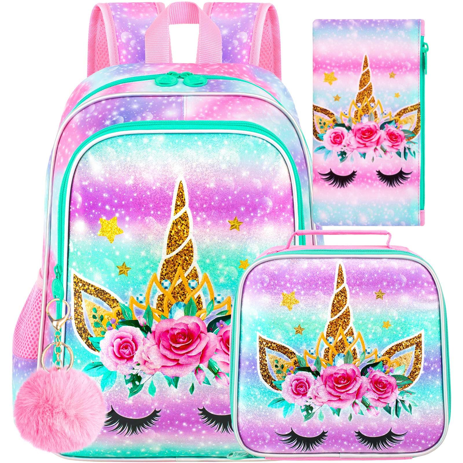 CCJPX 3PCS Unicorn Backpack for Girls, 16”Kids Bookbag with Lunch Box ...
