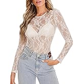 OFEEFAN Womens Mesh Tops Lace Long Sleeve Shirts Crewneck Slim Fitted Outfits See Through Blouses
