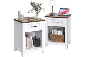 Decofy Farmhouse Nightstand with Charging Station & Large Storage, Set of 2 Modern End Tables with Outlets, USB Ports and Type-C Ports, Easy Assembly for Bedroom (Pure White + Walnut)