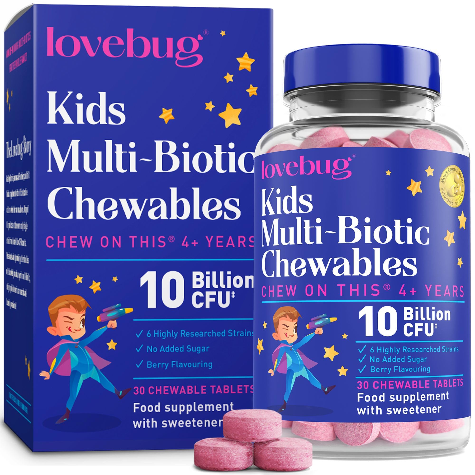 Lovebug Kids Probiotic Chewables - 10 Billion CFU with Prebiotics - Friendly Bio Cultures for Children & Toddlers (Age 4+) - 30 Chewable Berry Flavour Tablets - Gentle Support for Childrens Gut Health