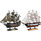 SAILINGSTORY Wooden Classic Sailing Ship Model Sailboat Decor 9.5" Set of 2 | Black Pearl, USS Constitution, Handcraft Authentic Details, Nautical Decor
