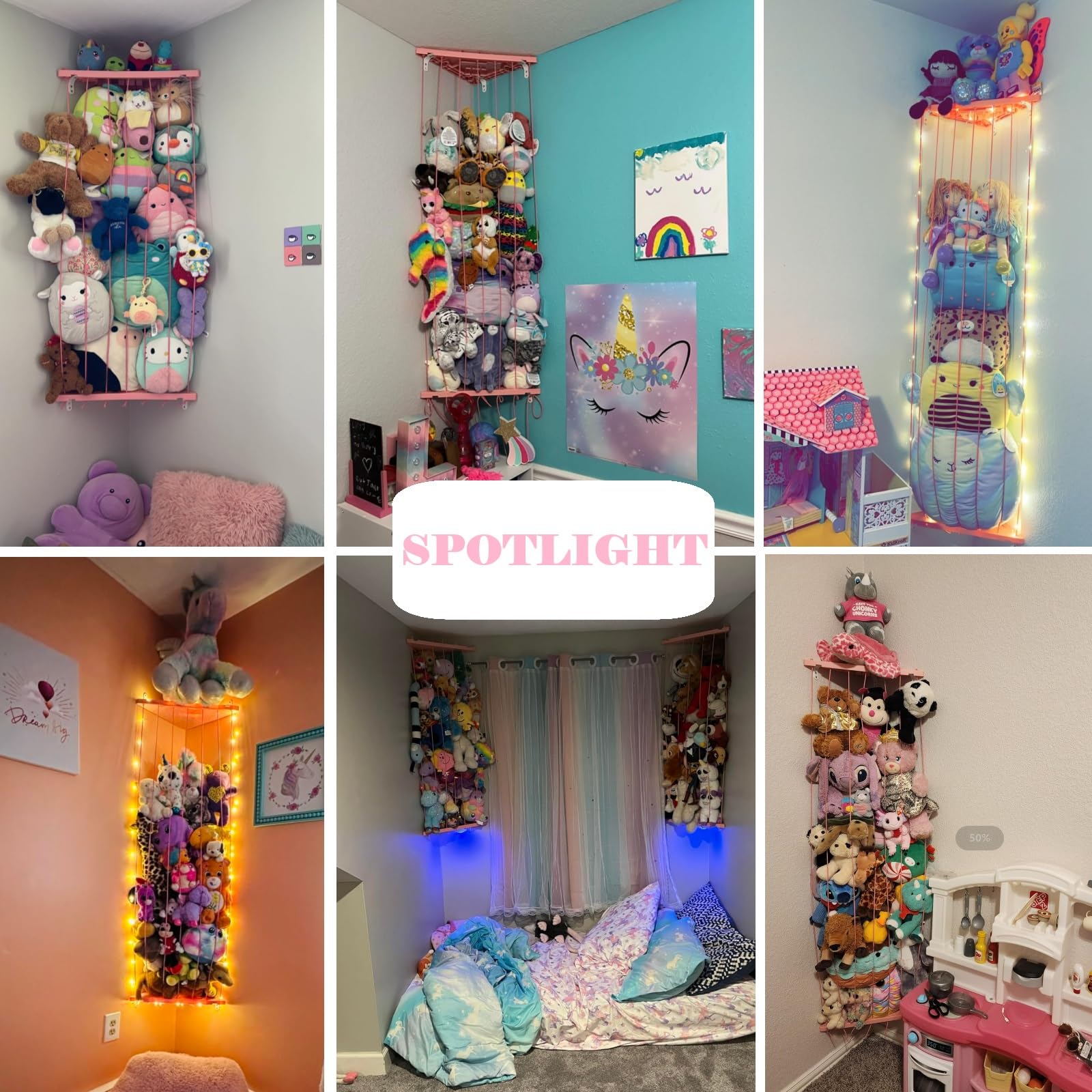 GGUO Corner Stuffed Animal Storage Net - Stuffed Animals Holder with Lights - Plush Toy Organizer Hanging Stuffed Animal Hammock with Adjustable Length for Kids Room Playroom Bedroom Nursery Decor