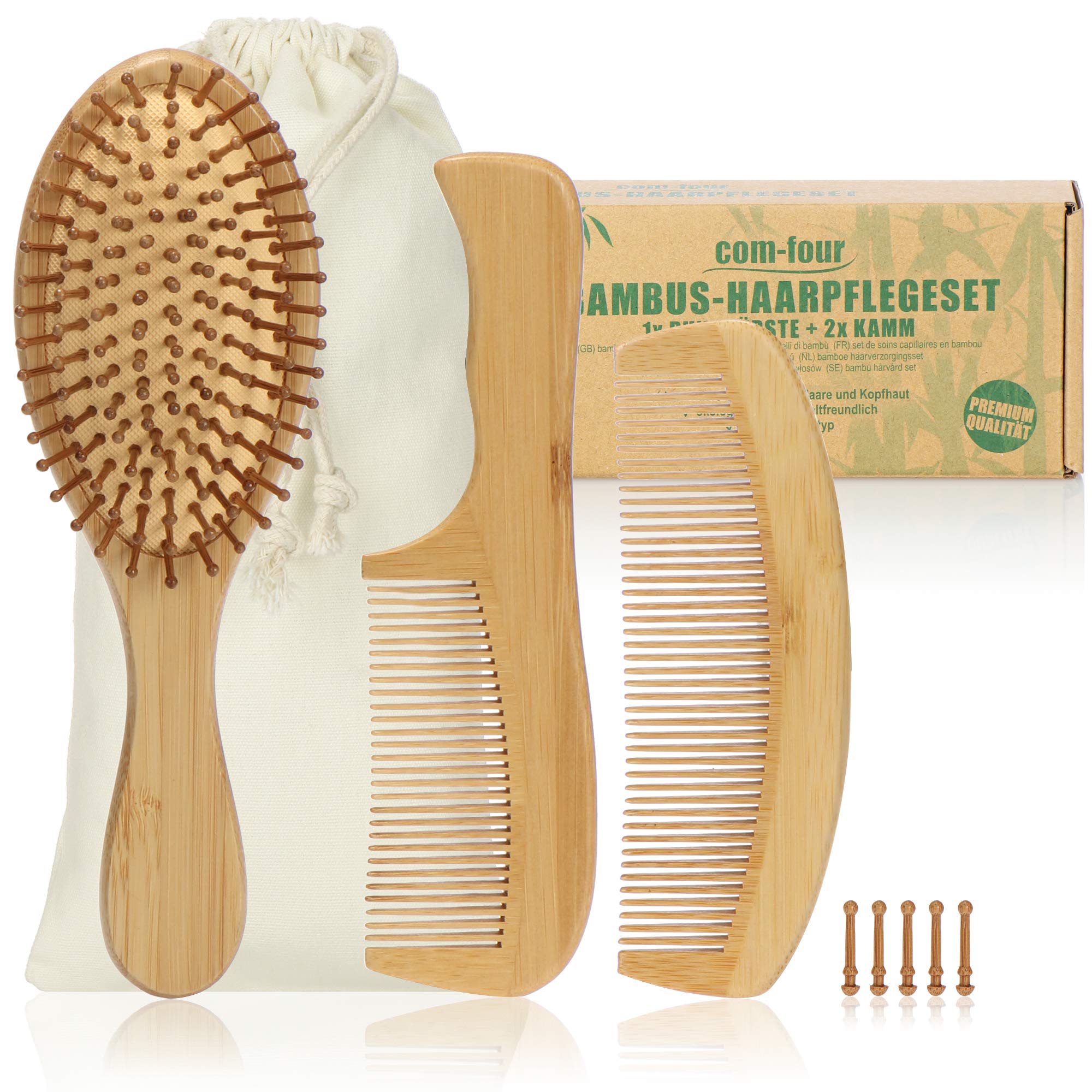 COM-FOUR® 3-piece premium hair care set, all-purpose brush and two styling combs made of bamboo wood, bamboo hairbrush and styling comb for every hair type (3-part combs + brush)