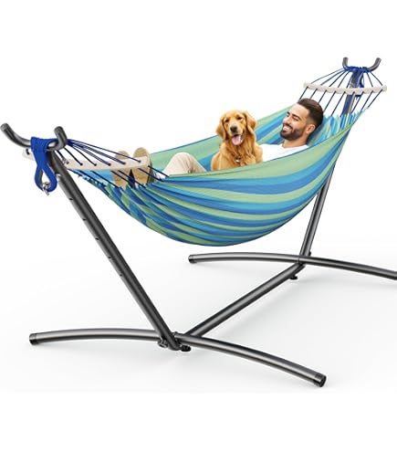 Double Hammock With Steel Stand - 450 Lb Capacity, 100x40x38 Inch, Portable For Backyard, Beach, Patio (Blue)