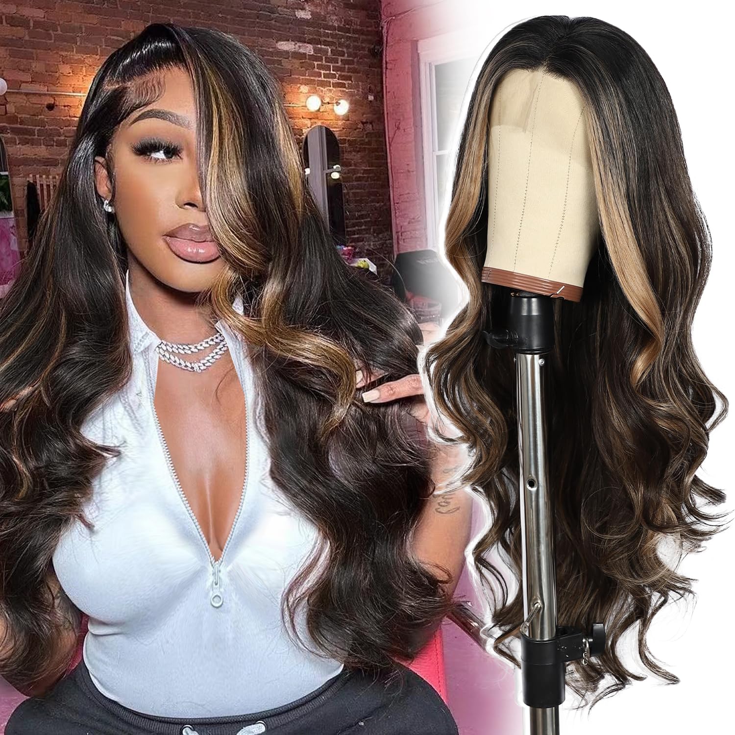 SOMIARIK Dark Brown with Blonde Tips Lace Front Wigs, 13x4 Synthetic Lace front Highlight Wigs for Women Pre plucked with Hairline Heat Resistant Hair Cosplay Daily Party Natural Looking 26 Inch