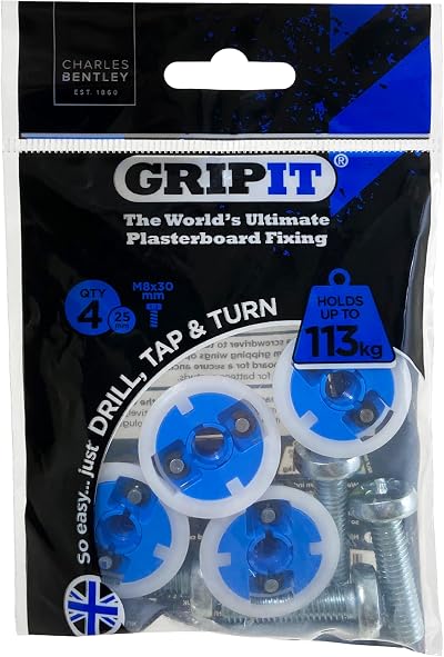 Gripit Blue Heavy-Duty Plasterboard Fixings Pack of 4 Holds 113kg UK Designed