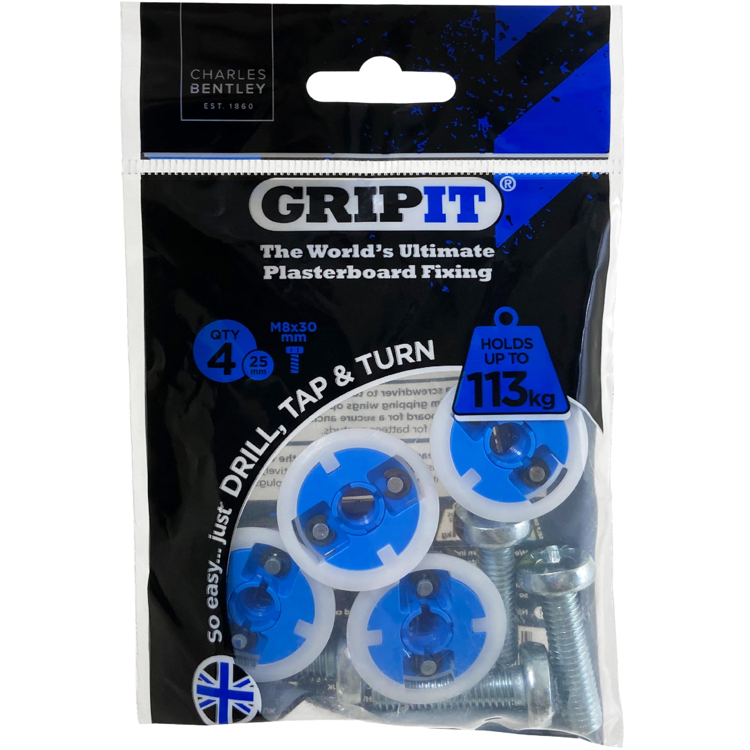 Gripit Blue Heavy-Duty Plasterboard Fixings - Reusable Drywall Fixings - Pack of 4 - Holds Up to 113kg - Easy to Install Drywall Anchor for TV, Stud Walls, Kitchen Units & Boilers – UK Designed