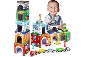 MDINGTD Baby Stacking Toys for Toddlers, Magnetic Wooden Cars & Garage Sorting Community Helpers Preschool Educational Learning Montessori Toys Birthday Gifts for Kids Number Blocks Nesting Boxes