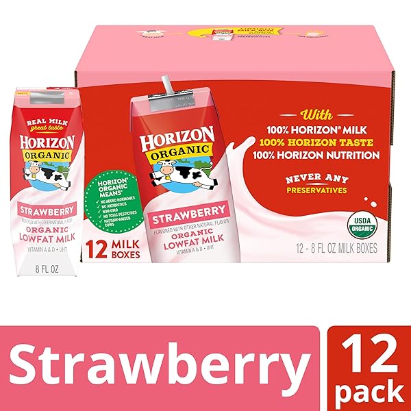 HORIZON ORGANIC SHELF STABLE 1% LOWFAT STRAWBERRY MILK BOXES, PACK OF 12 – 8G PROTEIN PER SERVING