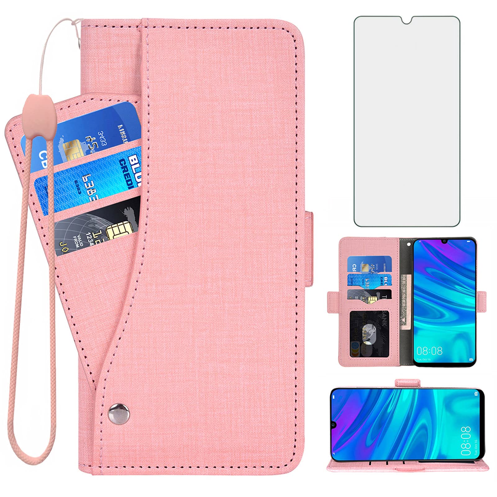 Asuwish Compatible with Huawei P Smart 2019/Honor 10 Lite Wallet Case Tempered Glass Screen Protector and Leather Flip Cover Card Holder Stand Cell Phone Cases for Hawaii PSmart 2019 Women Men Pink