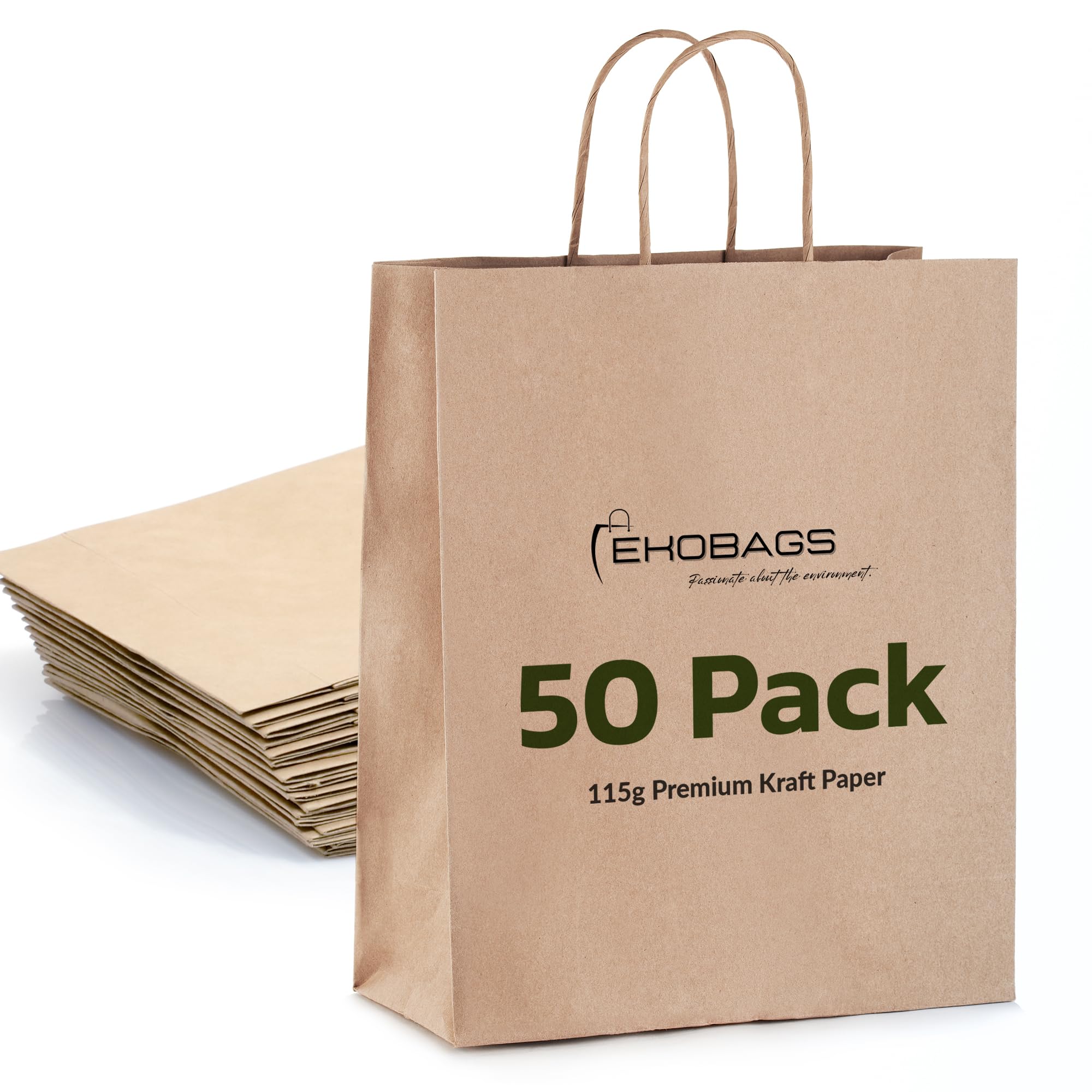 Photo 1 of 10x5x13 inches, 50-Pack Kraft Paper Gift Bags with Handles | EKOBAGS Nobelle | 115 GSM Brown Paper Bags for Small Business, Retail & Party Favors | Recyclable | Holds up to 10.5L/8 lbs