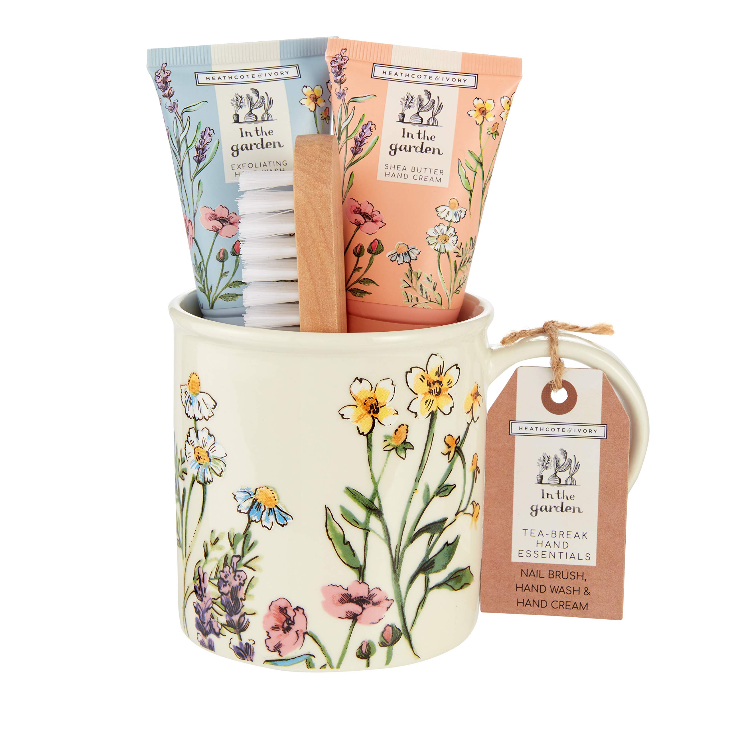Heathcote & Ivory In The Garden Tea-Break Hand Essentials Gift Set With Exfoliating Hand Wash, Hand Cream, Nail Brush and Ceramic Mug, 0.48 kg