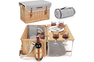 WILLOW WEAVE Wicker Picnic Basket for 4, 4 Person Picnic Kit, Willow Hamper Service Gift Set with Blanket Portable Bamboo Wine Snack Table for Camping and Outdoor Party