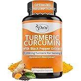 Pure By Nature Turmeric Curcumin with Black Pepper Extract 10 mg Capsules, 1200 mg per Serving, Organic, High Absorption Antioxidant Support (180 Count)