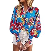AELSON Women's Casual Boho Tops Floral Print V Neck Long Sleeve Blouse Button Down Shirts
