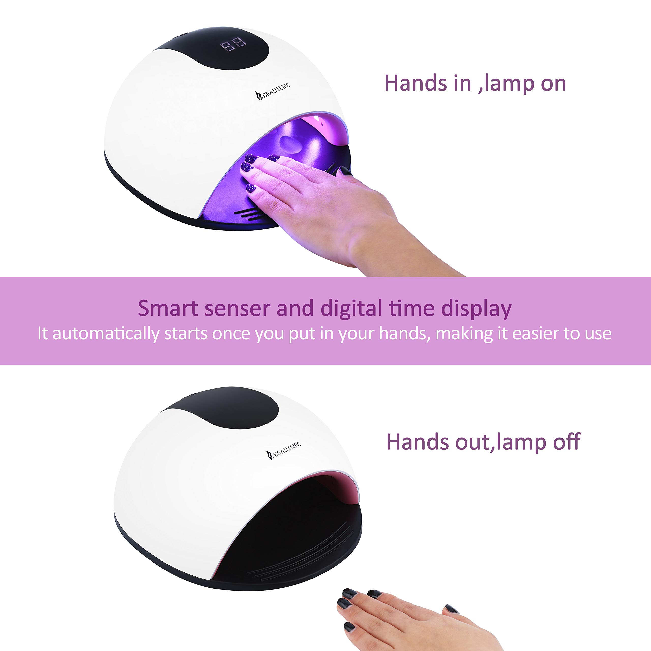 Sèche Ongles 72W Lampe UV LED Ongles Gel, Séchoir à Ongles Machine Semi Permanent avec Minuterie de 10s/ 30s/ 60s/ 120s, Capteur Automatique Intelligente et Écran LCD pour Tous les Gels (Blanc)