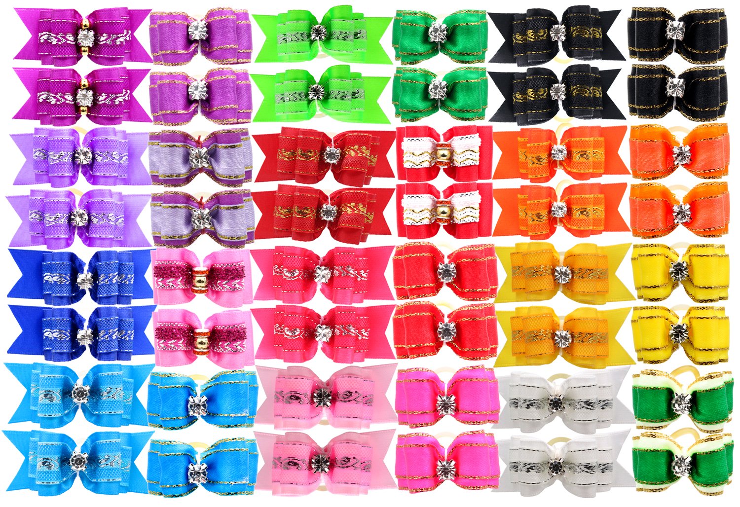 HOLLIHI 48 pcs/24 Pairs Adorable Grosgrain Ribbon Pet Dog Hair Bows with Elastic Rubber Bands - Doggy Kitty Bowknots Topknot Grooming Accessories Set for Long Hair Puppy Cat