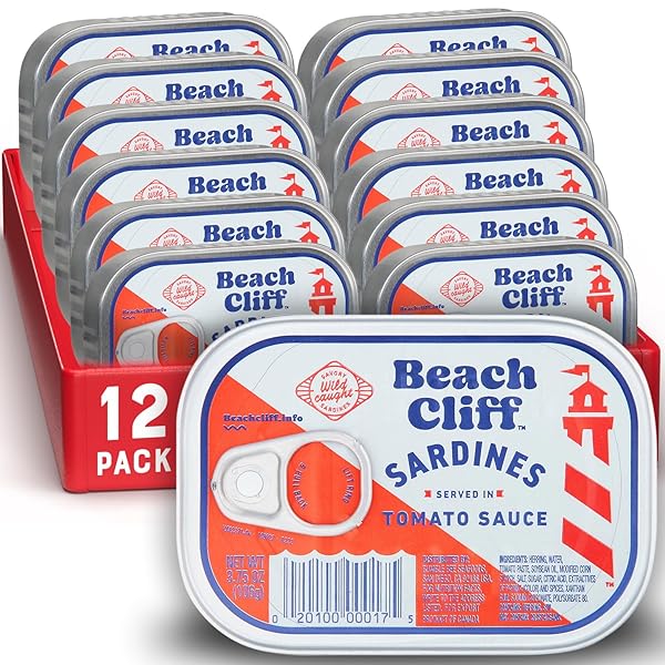 BEACH CLIFF WILD CAUGHT SARDINES IN TOMATO SAUCE, 3.75 OZ CAN (PACK OF 12) – 16G PROTEIN PER SERVING – GLUTEN FREE, KETO FRIENDLY – GREAT FOR PASTA & SEAFOOD RECIPES