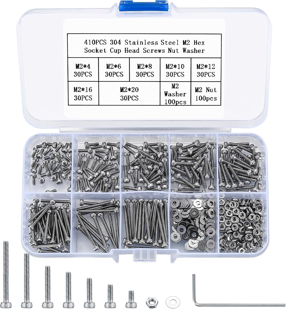 Jttxiu 410-Piece M2 Hex Socket Screw Set 304 Stainless Steel Nuts Washers with