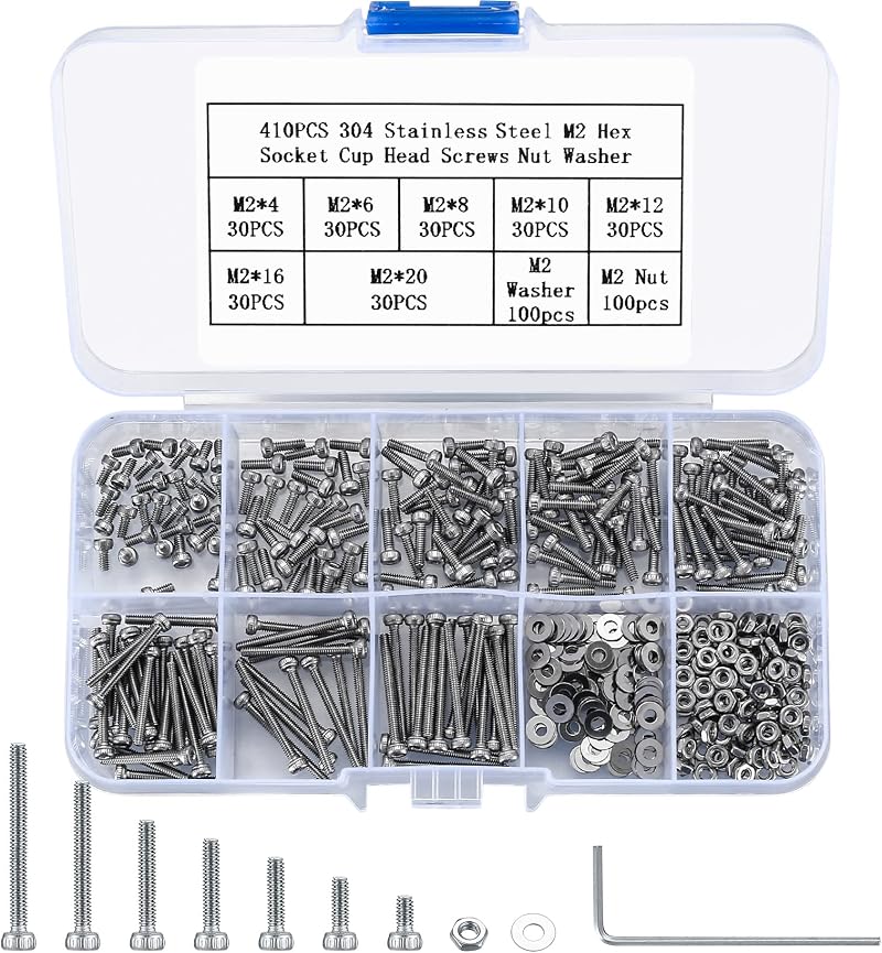 Jttxiu 410-Piece M2 Hex Socket Screw Set 304 Stainless Steel Nuts Washers with