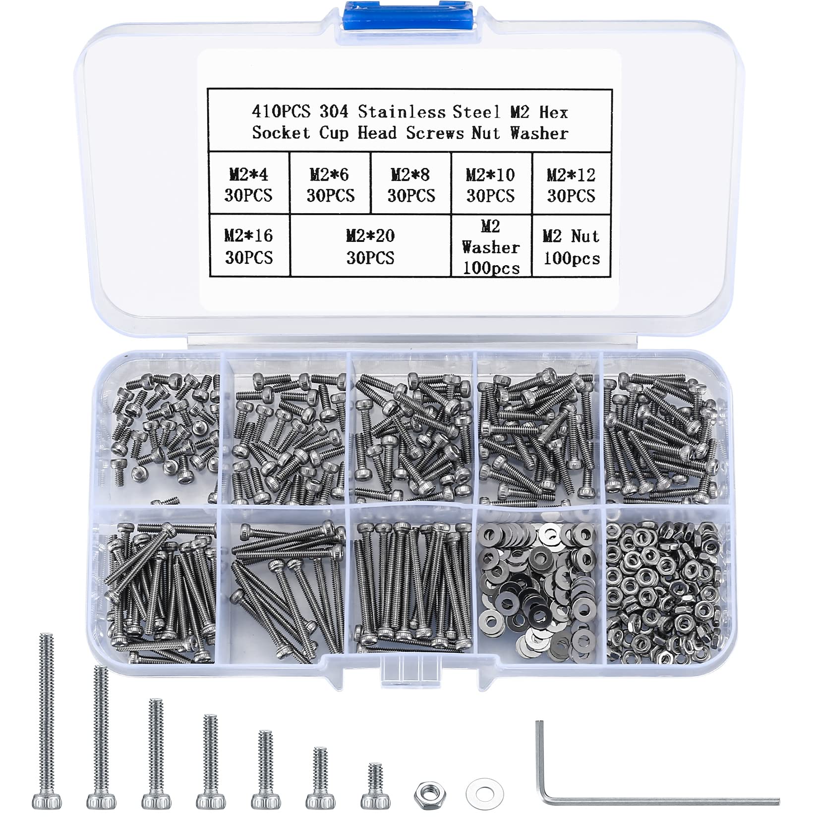 410 Piece M2 Hex Socket Screw Set, 304 Stainless Steel Hex Head Machine Screws Nuts and Washers Assortment with Allen Wrenches — image 1