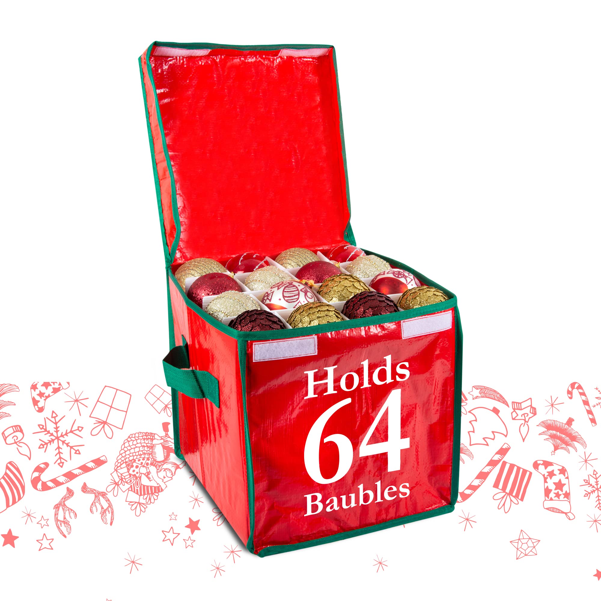 iN Large Christmas Bauble Storage Box - Holds 64 Baubles - Xmas Ornament Storage Box Christmas Decorations Storage. Baubles Storage. Durable with Full Zipper (Christmas Bauble Bag)