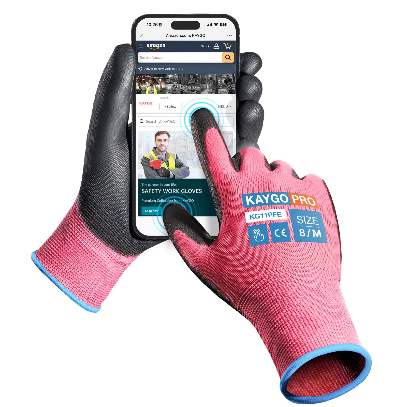 KAYGO Work Gloves PU Coated 12 Pairs Touchscreen, KG11PFE, Safety Working Gloves with Secure Grip on Palm & Fingers, for Men and Women, Ideal for General Duty Work, Gardening (Medium, Pink)