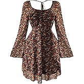 BEAUDRM Women's Plus Size Maple Leaf Print Short Dress Tie Back Bell Long Sleeve Sweetheart Neck A Line Fall Dresses
